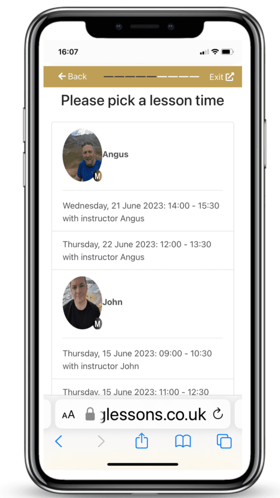 Booking driving lesson wizard instructor