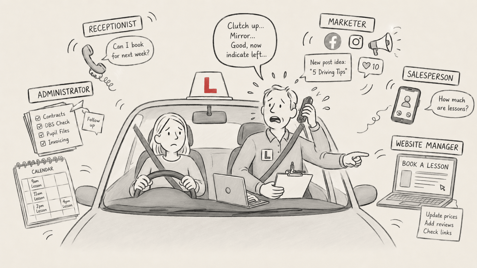 Chaotic Driving Lesson Multitasking running your own driving-school business